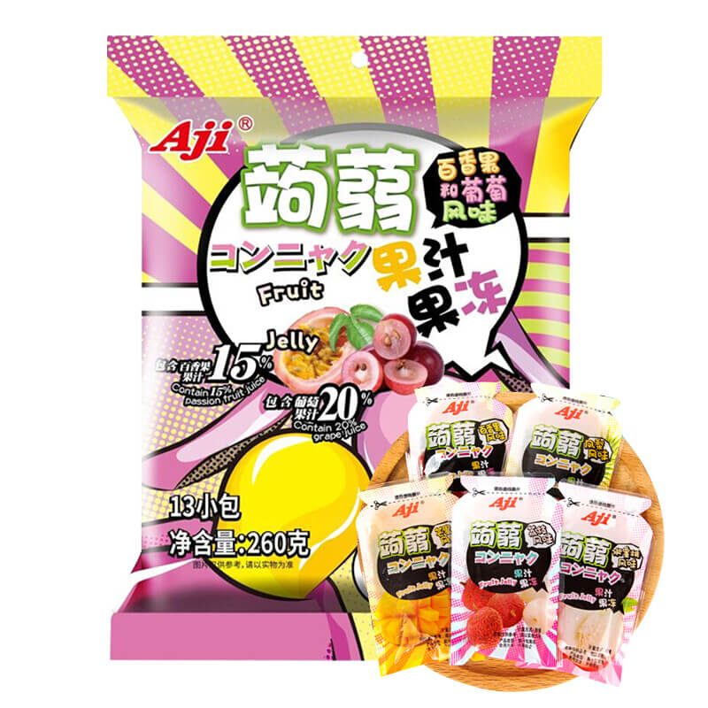 【自营】中国AJI 蒟蒻果汁果冻 百香果和葡萄风味 260g 0脂肪低卡低热量魔芋爽滑办公室小零食休闲食品