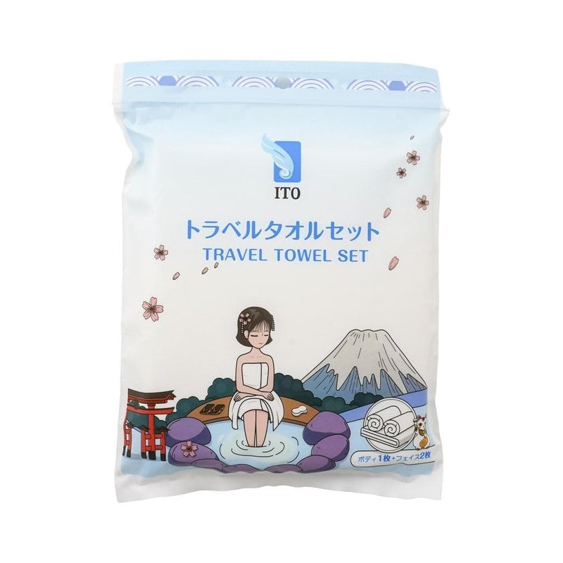 【自营】日本ITO 纯棉吸水便携毛巾 一次性加厚洗脸巾擦脸巾 浴巾*1 + 毛巾*2 旅行毛巾套装 干湿两用非压缩吸水柔软亲肤有效灭菌旅行必备