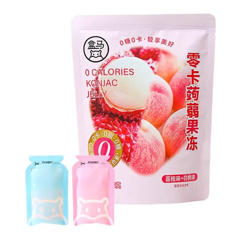 【自营】中国盒马 零卡蒟蒻果冻 荔枝味+白桃味 216g 0脂低卡果汁果冻休闲零食