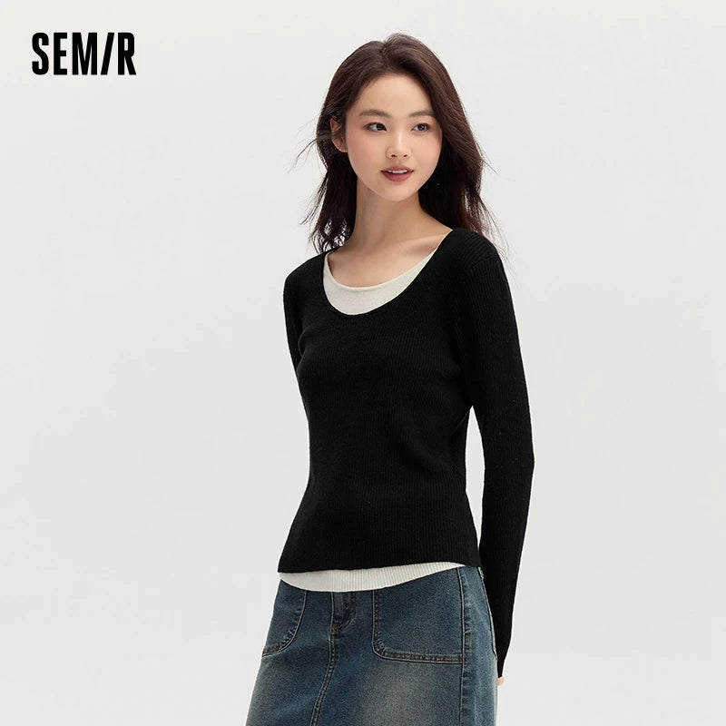 【美国仓】Semir 森马毛衣女拼色仿两件套 毛衣修身百搭 圆领套头衫显瘦效果