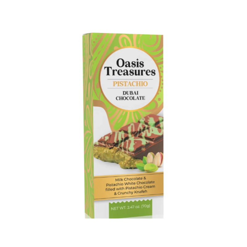 【自营】Oasis Treasures 迪拜Dubai 开心果酱巧克力 70g 夹心面包丝黑巧大板巧克力休闲零食小零食网红糖果手工酱心可可脂