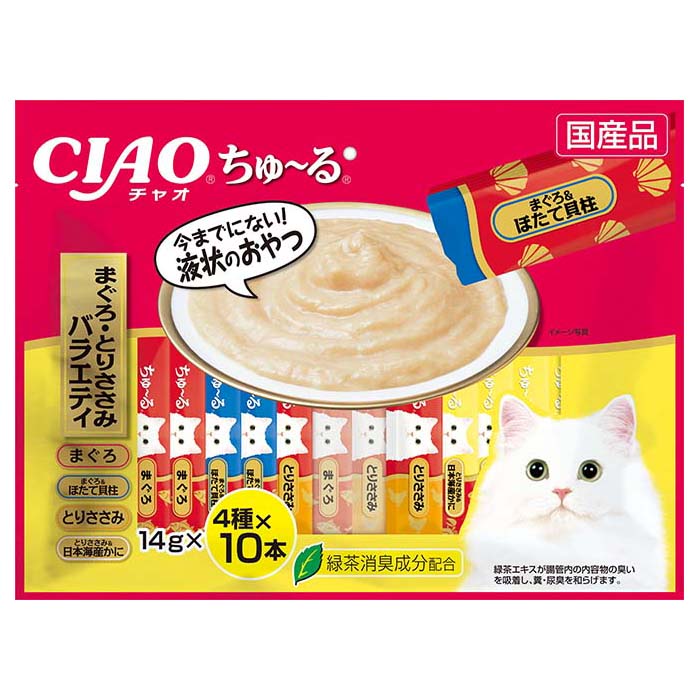 【自营】日本CIAO伊纳宝 猫零食Churu妙好啾噜营养柔软肉酱 美味猫条 4x10条装 金枪鱼 金枪鱼扇贝 鸡肉 鸡肉海鲜 4种口味 40条超值装