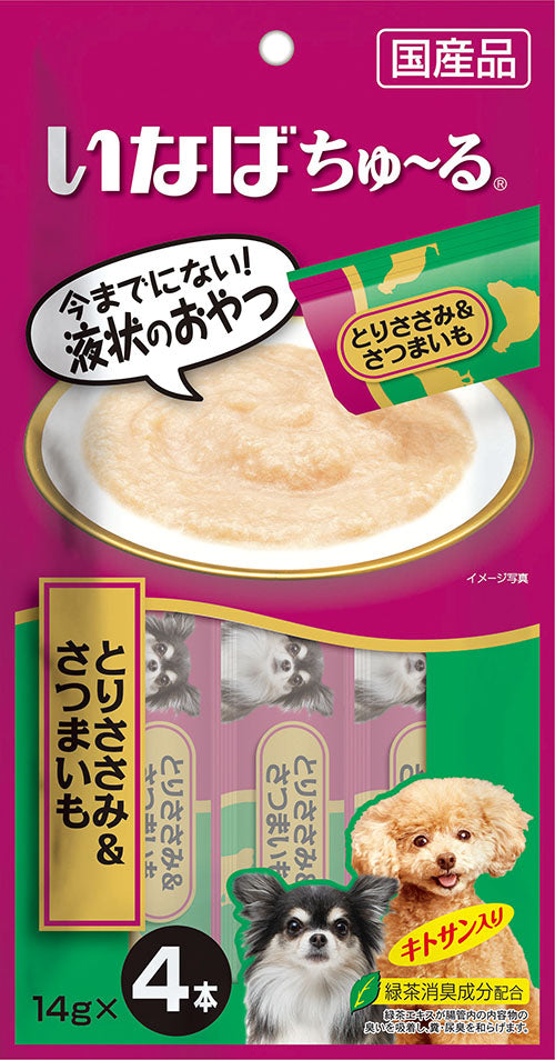 【自营】日本INABA伊纳宝 犬用狗零食 啾噜柔软肉酱 流质美味零食条 4条装 鸡小胸肉地瓜口味
