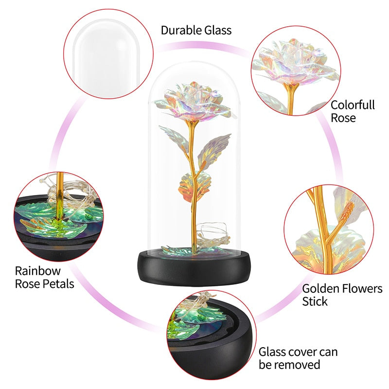 【美国仓】美女与野兽玻璃保鲜玫瑰 银河玫瑰花 LED 灯人造花 圣诞节情人节生日礼物